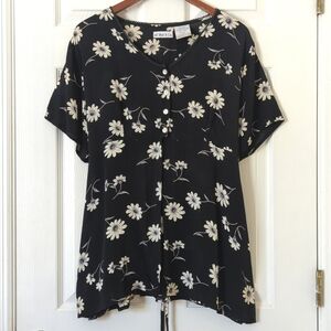At Last & Co. 90's Vintage Dainty Floral Half Buttoned Tie Back Blouse Black 14